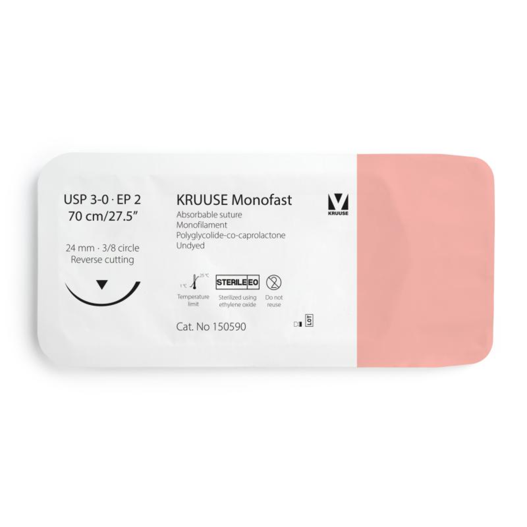 KRUUSE Monofast Suture, USP 3-0/EP 2, 70 cm/27.5", undyed, 24 mm needle, 3/8 circle, reverse cutting, 12/pk