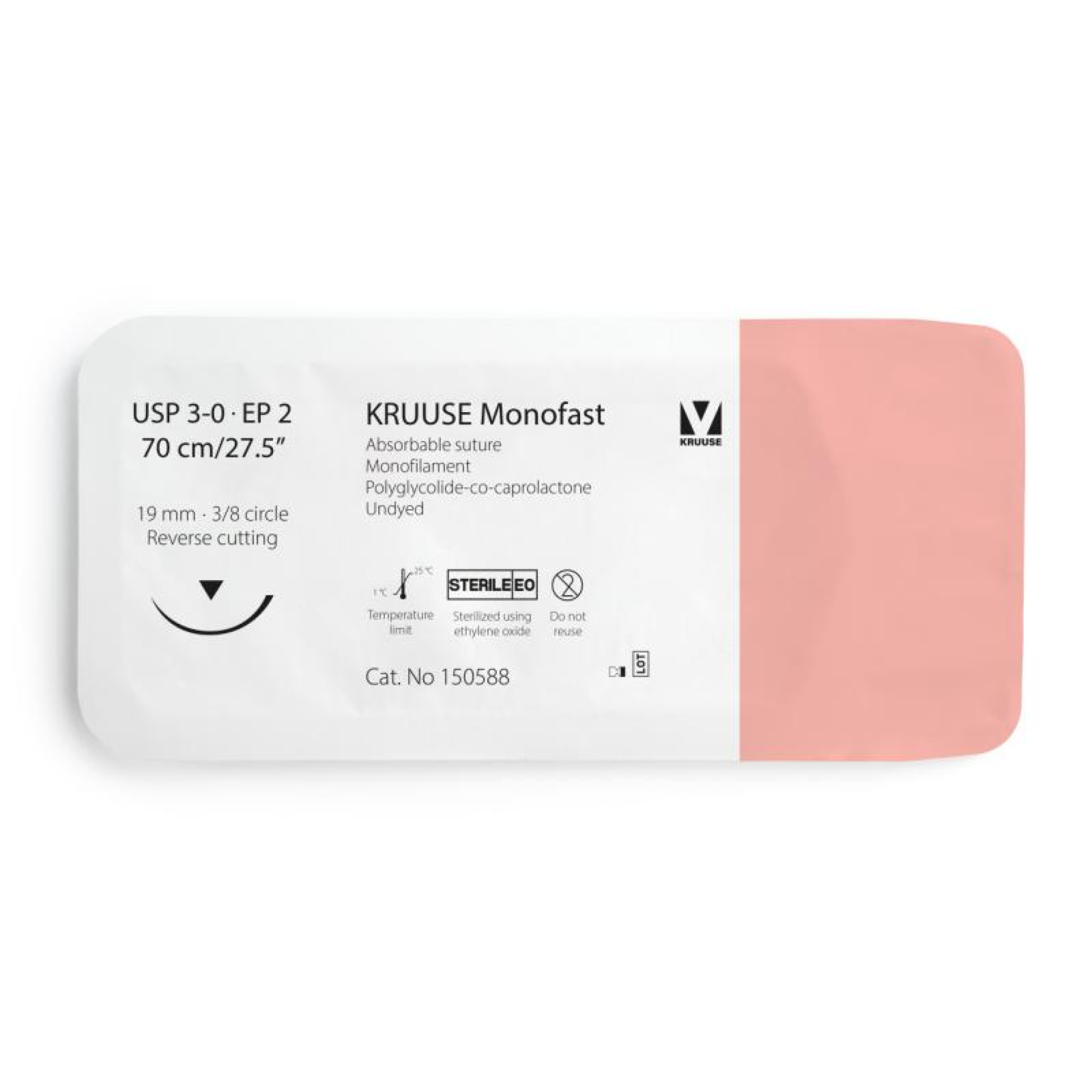 KRUUSE Monofast Suture, USP 3-0/EP 2, 70 cm/27.5", undyed, 19 mm needle, 3/8 circle, reverse cutting, 12/pk