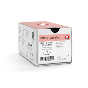KRUUSE Monofast Suture, USP 4-0/EP 1.5, 70 cm/27.5", undyed, 19 mm needle, 3/8 circle, reverse cutting, 12/pk