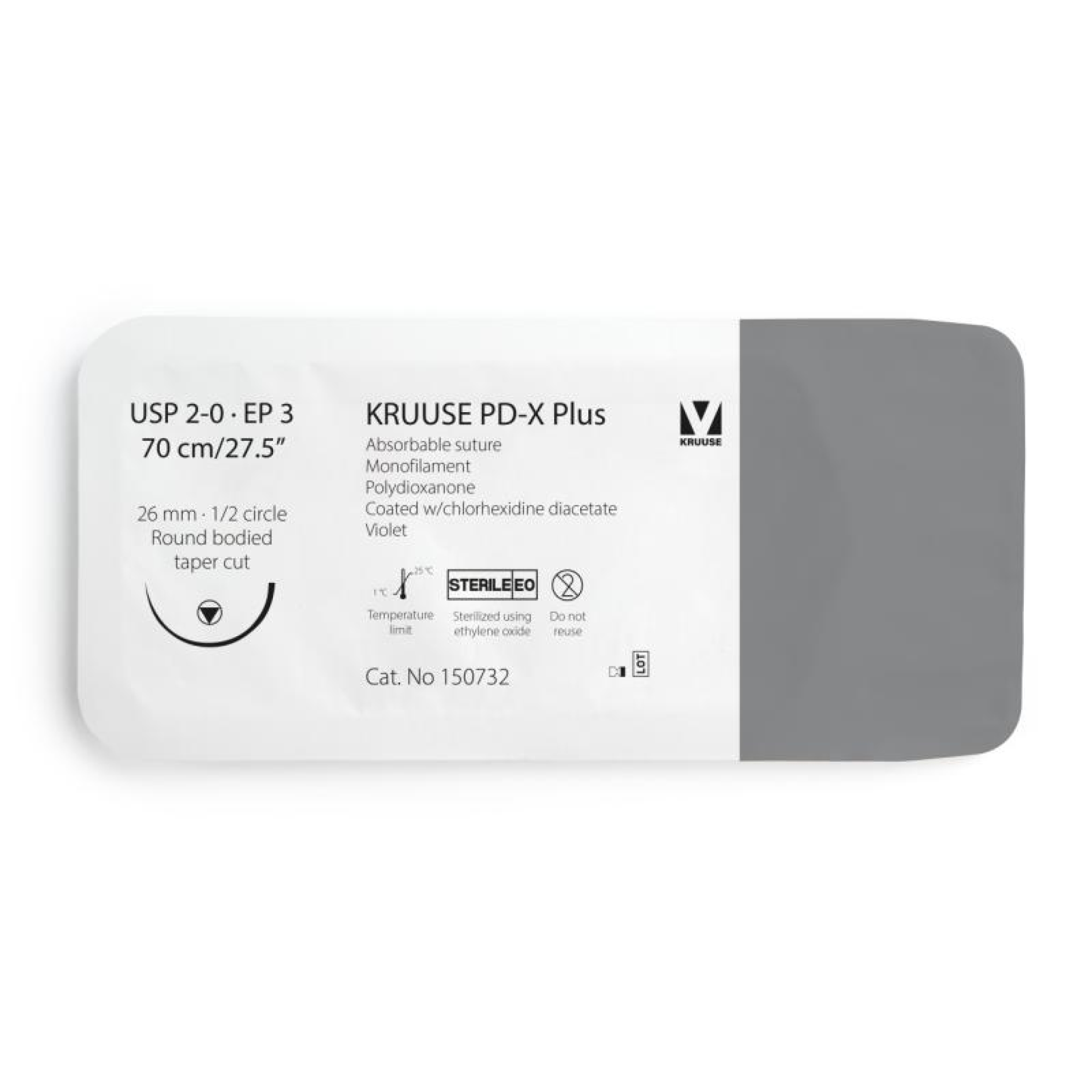 KRUUSE PD-X Plus Suture, USP 2-0/EP 3, 70 cm/27.5", violet, 26 mm needle, 1/2 circle, round bodied, taper cut, 12/pk