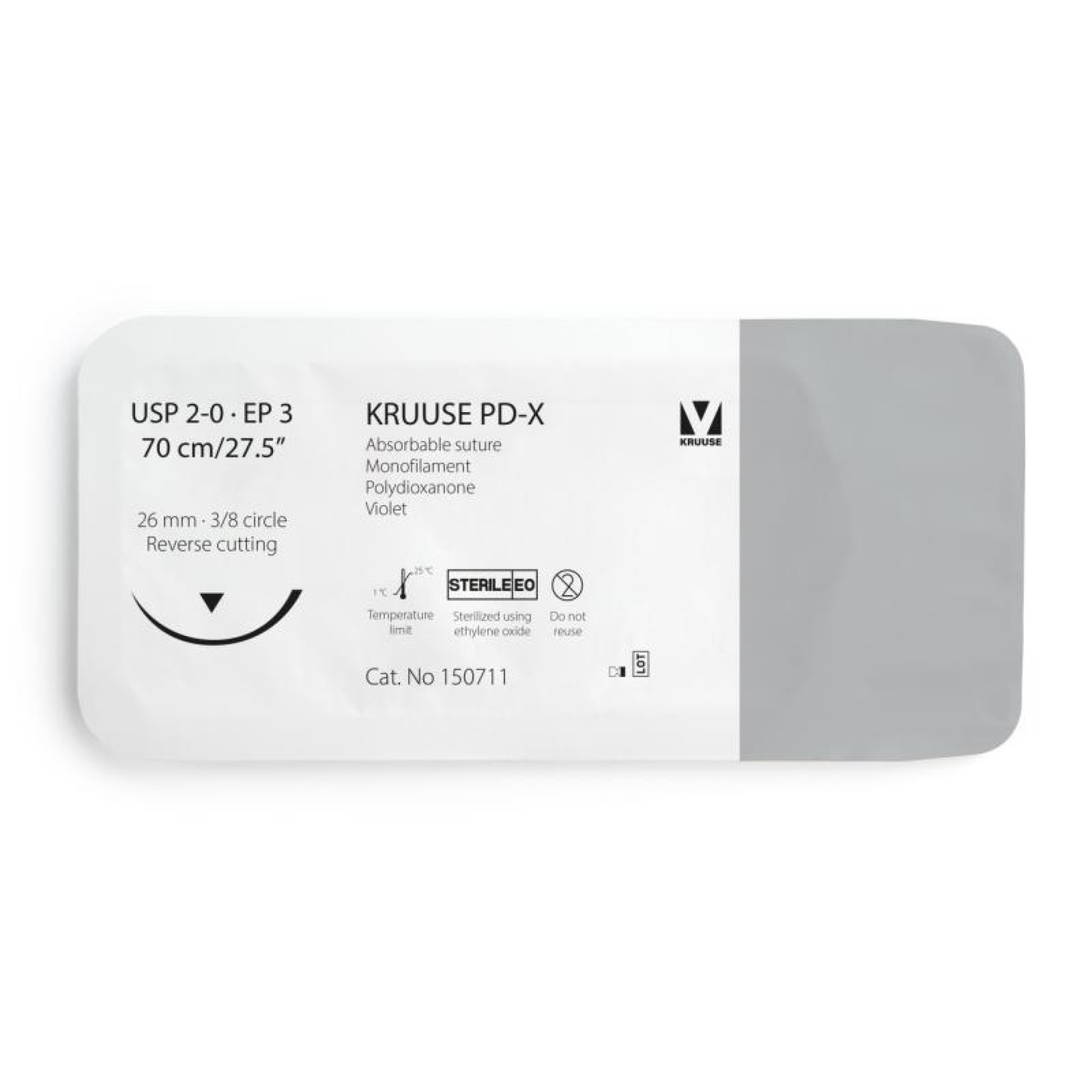 KRUUSE PD-X Suture, USP 2-0/EP 3, 70 cm/27.5", violet, 26 mm needle, 3/8 circle, reverse cutting, 12/pk