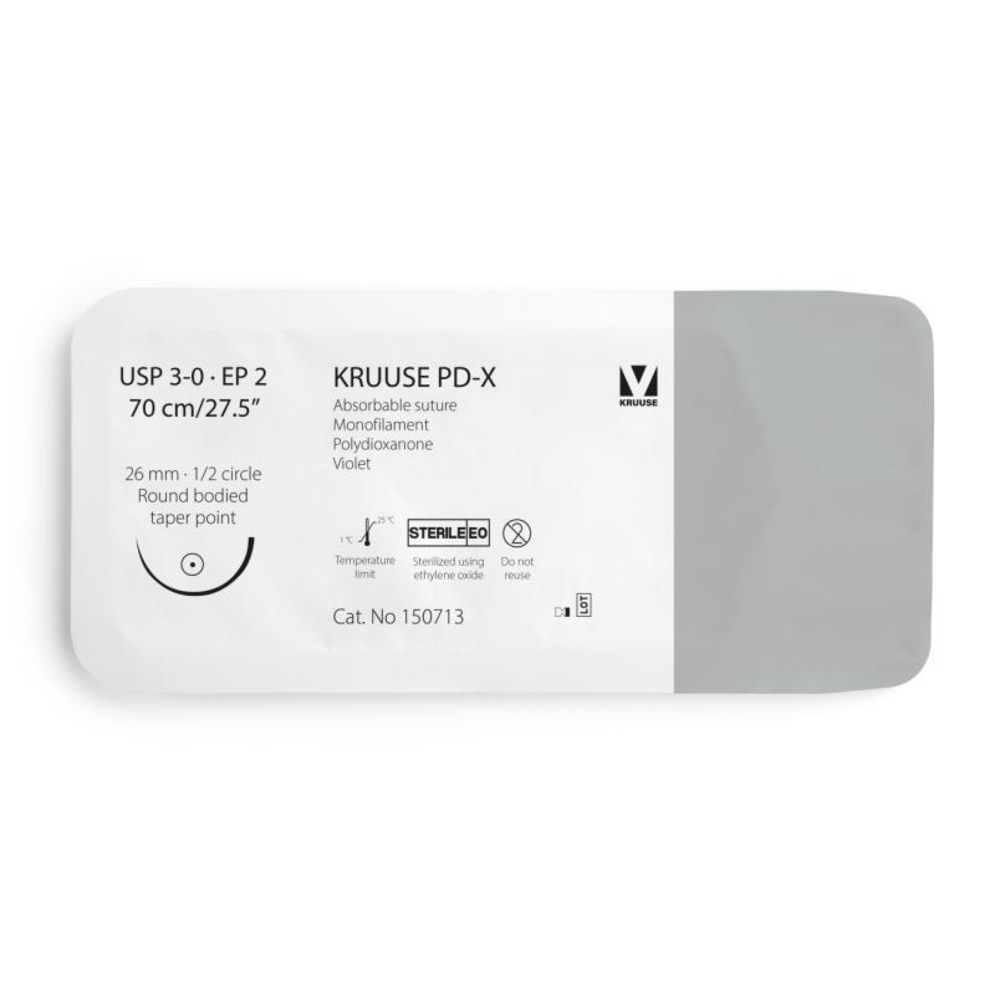 KRUUSE PD-X Suture, USP 3-0/EP 2, 70 cm/27.5", violet, 26 mm needle, 1/2 circle, round bodied, taper point, 12/pk