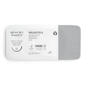KRUUSE PD-X Suture, USP 3-0/EP 2, 70 cm/27.5", violet, 26 mm needle, 1/2 circle, round bodied, taper point, 12/pk