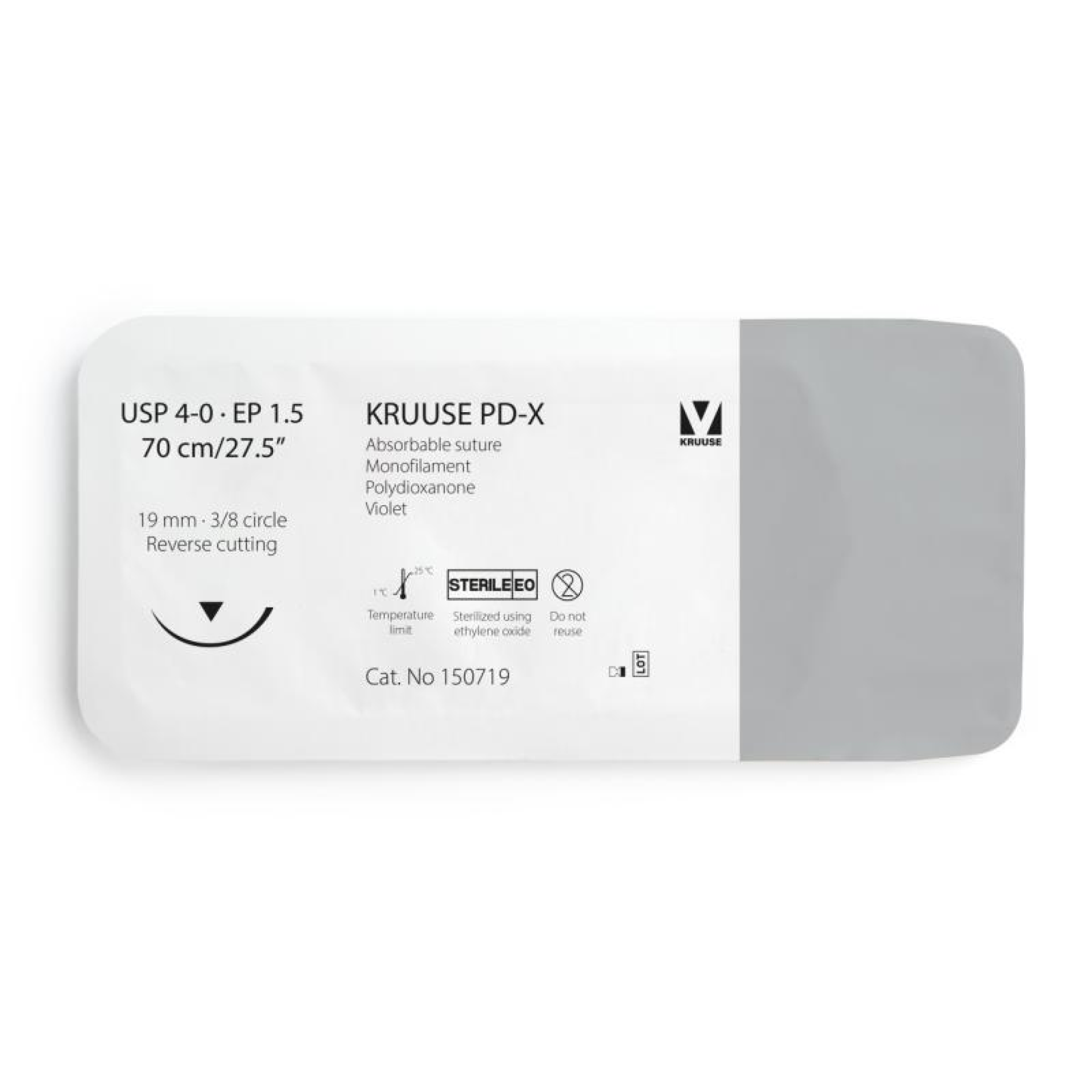 KRUUSE PD-X Suture, USP 4-0/EP 1.5, 70 cm/27.5", violet, 19 mm needle, 3/8 circle, reverse cutting, 12/pk