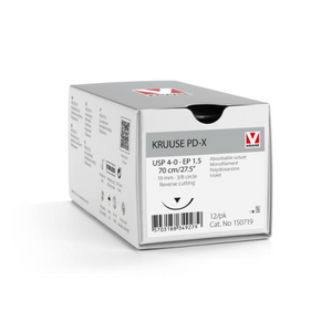 KRUUSE PD-X Suture, USP 4-0/EP 1.5, 70 cm/27.5", violet, 19 mm needle, 3/8 circle, reverse cutting, 12/pk