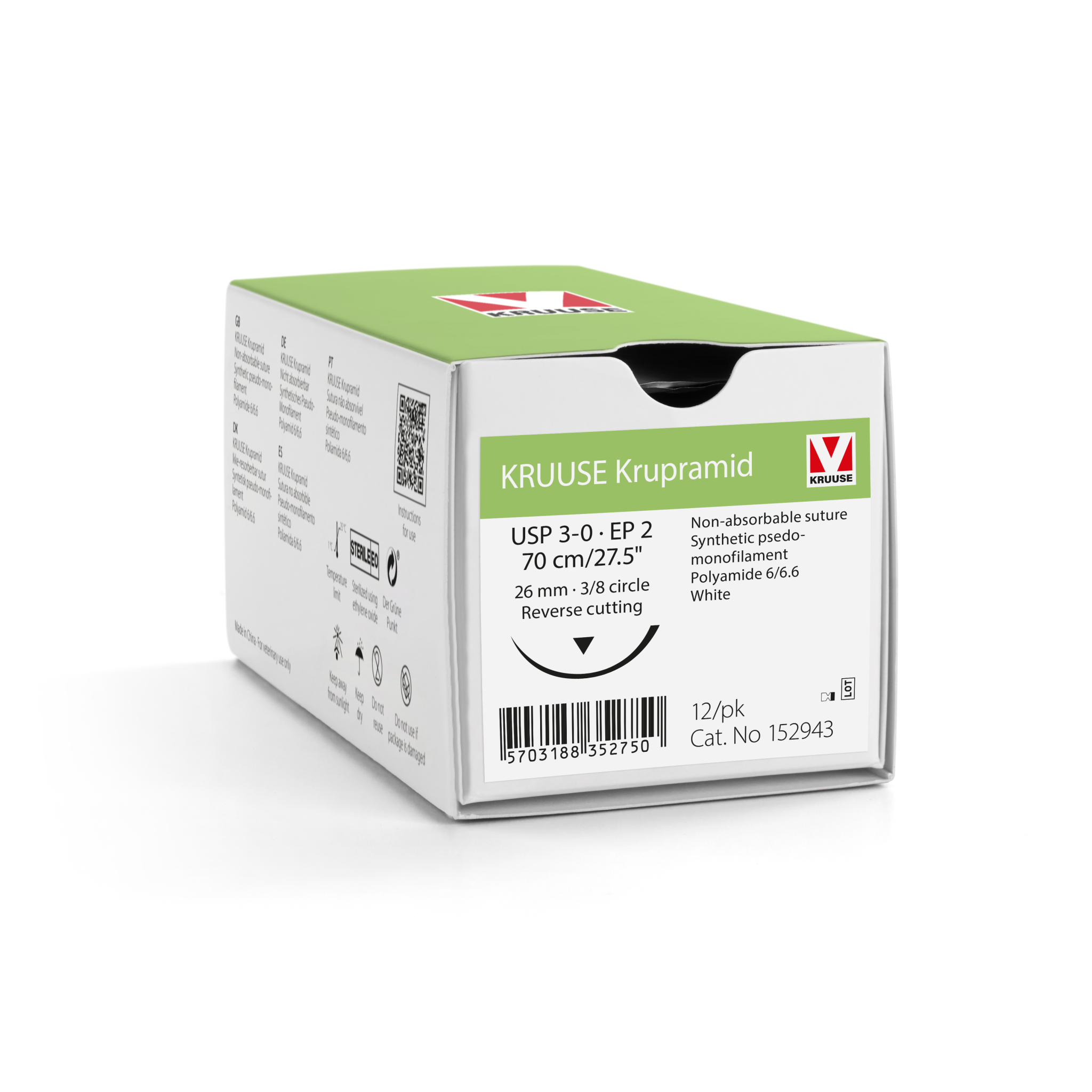 KRUUSE Krupramide Suture, USP 3-0/EP 2, 70 cm/27.5", white, 26 mm needle, 3/8 circle, reverse cutting, 12 pcs.