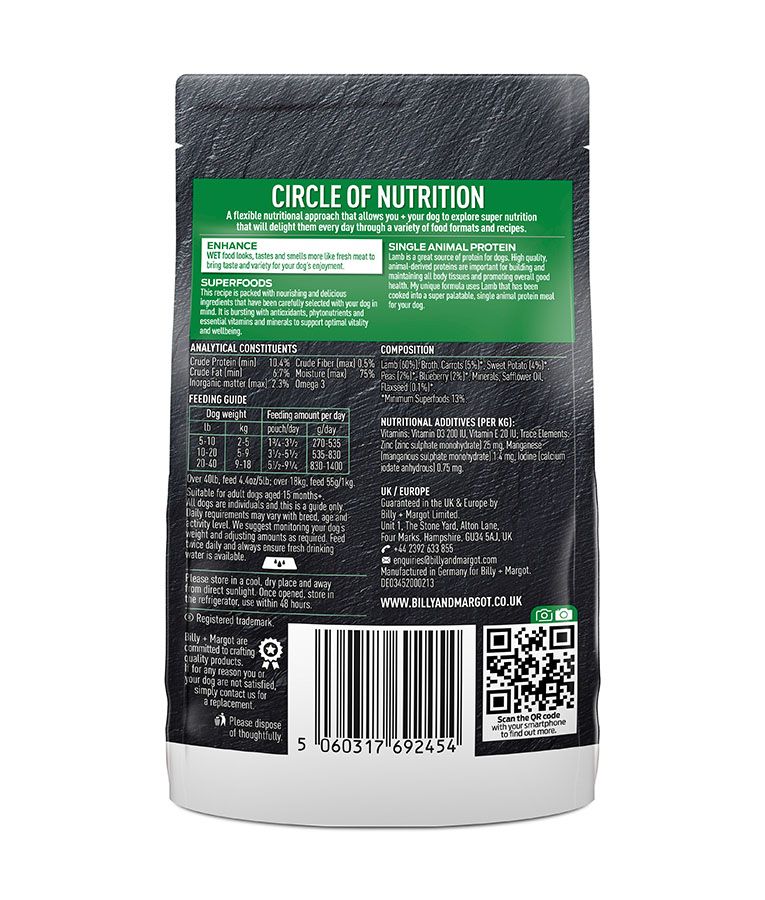 Billy & Margot Lamb with Superfoods Adult Wet Dog Food 150g Pouch - 150g - Shopivet.com