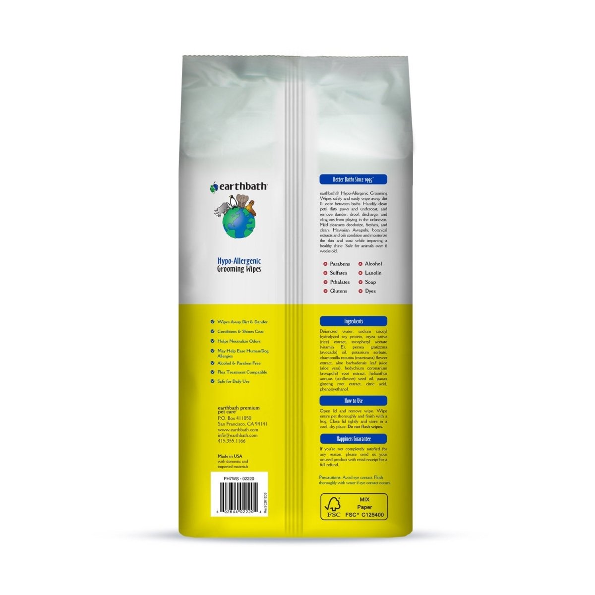 earthbath® Hypo - Allergenic Grooming Wipes, Fragrance Free, Cleans & Conditions, 100 ct plant - based wipes in re - sealable pouch - Shopivet.com