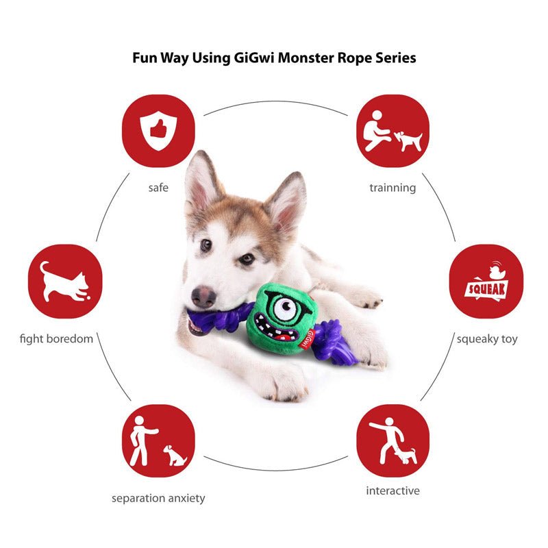 Green Monster Rope Squeaker Inside Small Plush/Rope - Shopivet.com