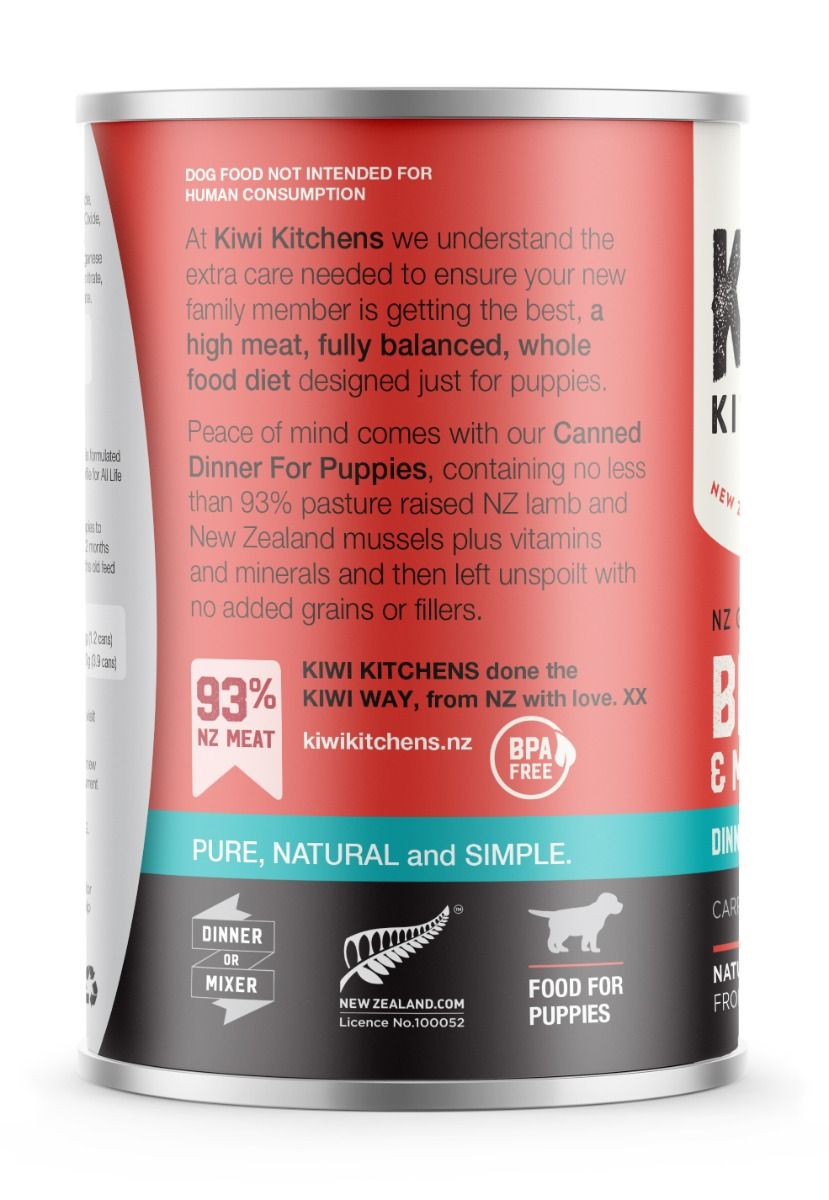 Kiwi Kitchens Grass Fed Beef & Mussel Dinner Canned Wet Puppy Food - 375g - Shopivet.com