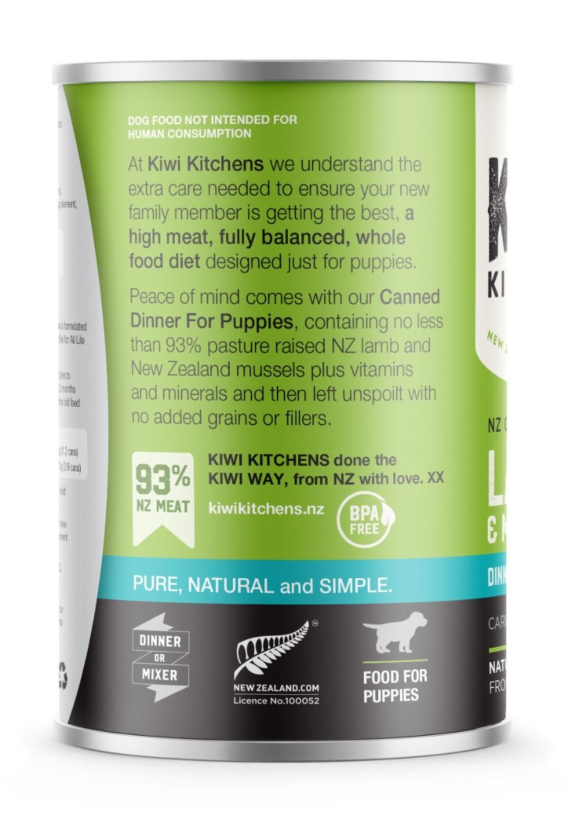 Kiwi Kitchens Grass Fed Lamb & Mussel Dinner Canned Wet Puppy Food - 170g - Shopivet.com
