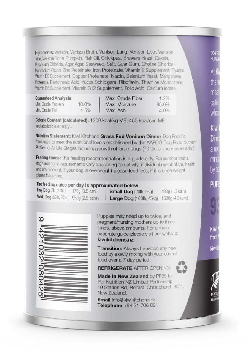 Kiwi Kitchens Grass Fed Venison Dinner Canned Wet Dog Food - 170g - Shopivet.com