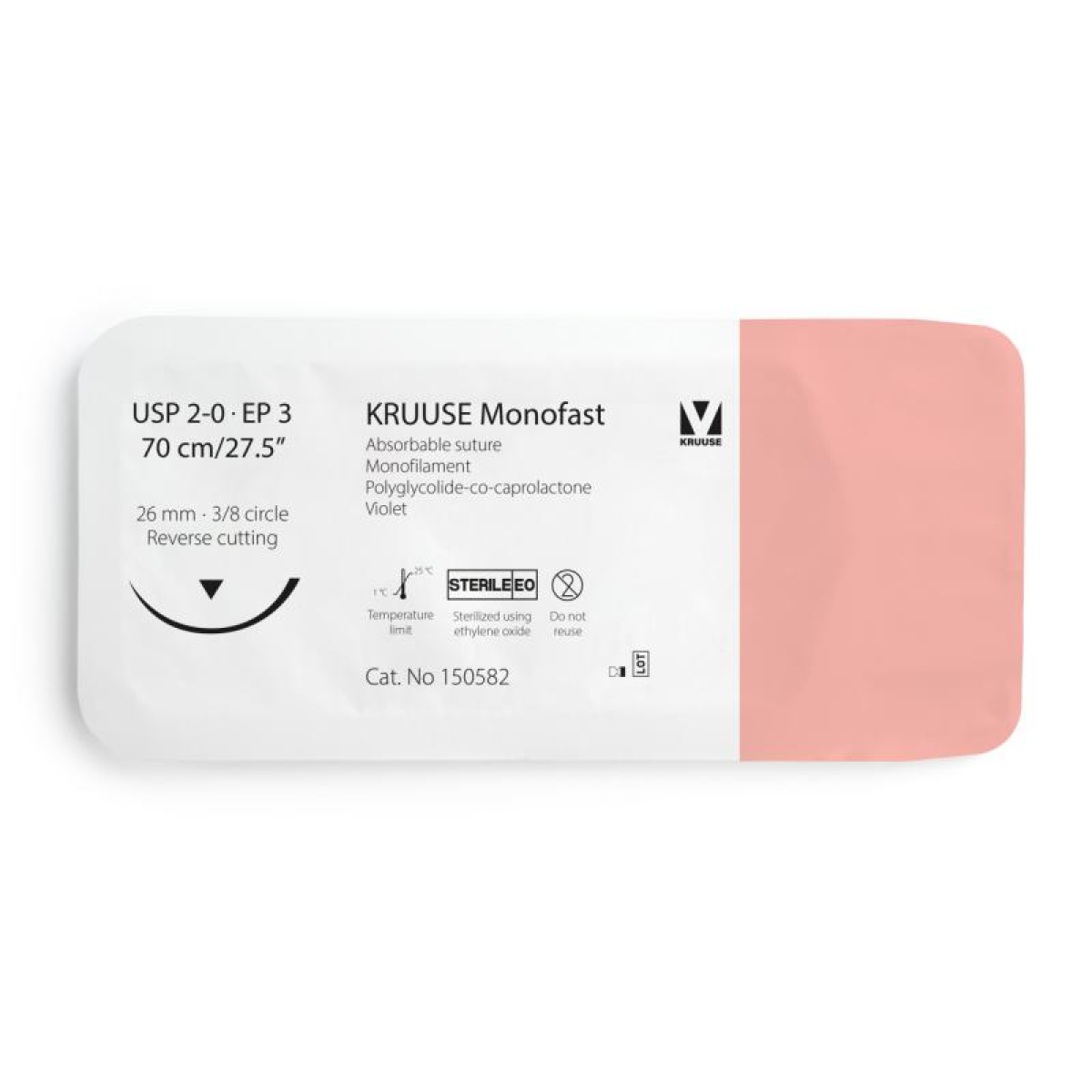 KRUUSE Monofast Suture, USP 2-0/EP 3, 70 cm/27.5", violet, 26 mm needle, 3/8 circle, reverse cutting, 12/pk