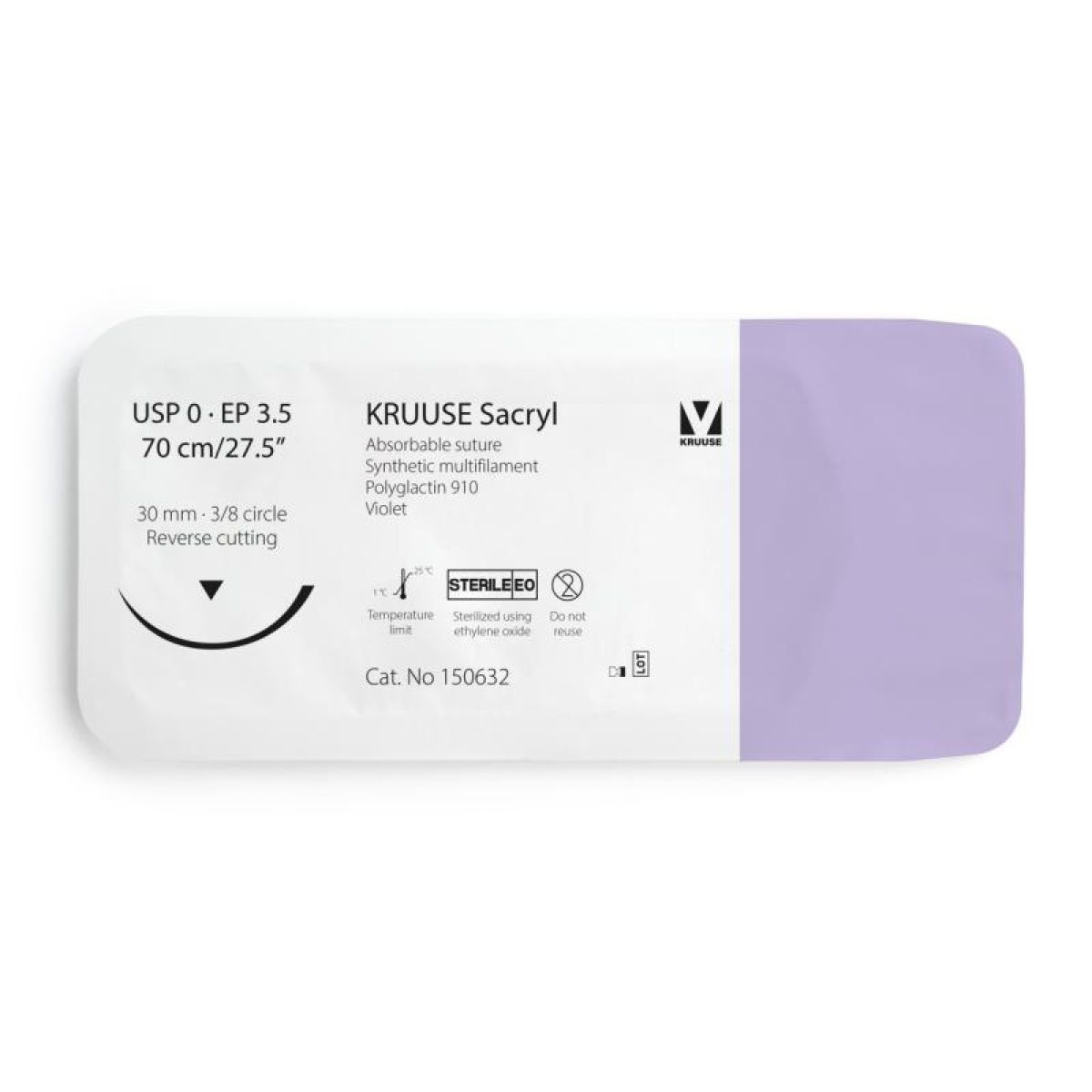 KRUUSE Sacryl Suture, USP 0/EP 3.5, 70 cm/27.5", violet, 30 mm needle, 3/8 circle, reverse cutting, 12/pk