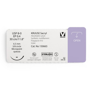 KRUUSE Sacryl Suture, USP 8-0/EP 0.4, 30 cm/11.8", violet, 6.5 mm needle, 3/8 circle, micropoint spatula, 12/pk