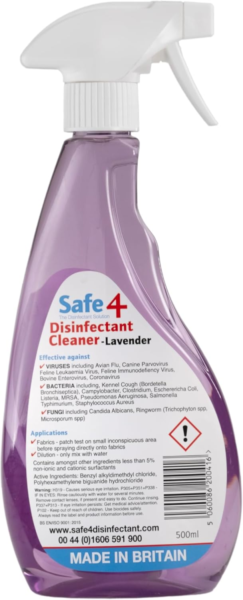 Safe4 Disinfectant Pre-diluted spray 1:10 dilution, Lavender Scent, 500 ml