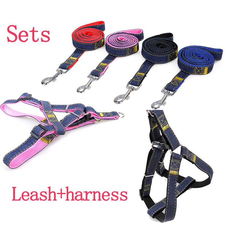 Dog Leash Harness Adjustable & Durable Leash Set & Heavy Duty Denim Dog Leash Collar - blue - medium