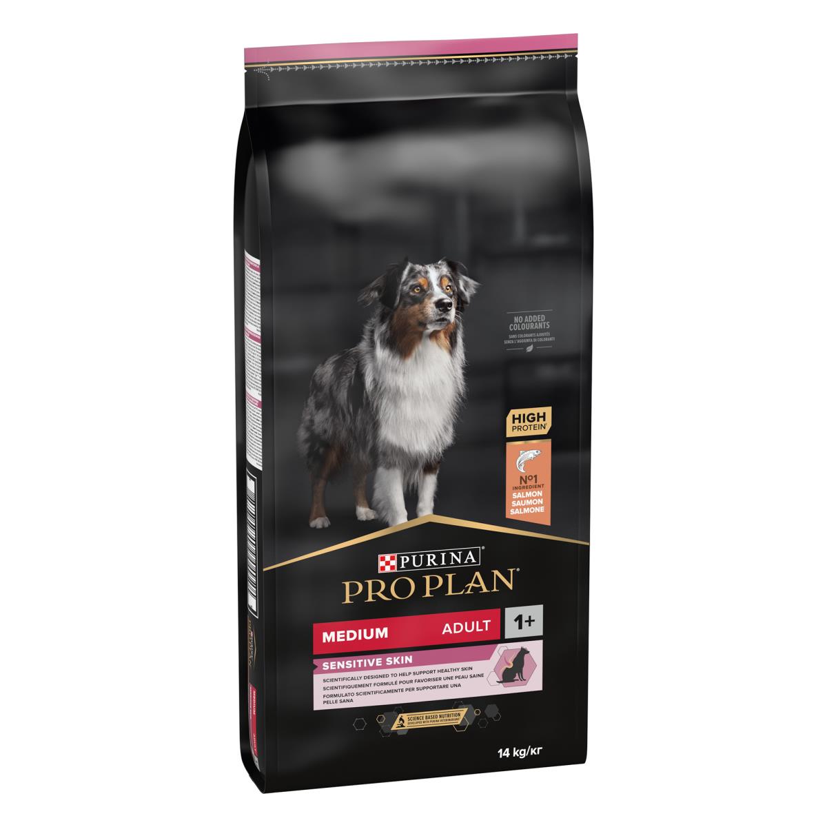 PRO PLAN SENSITIVE SKIN MEDIUM ADULT, DRY DOG FOOD WITH SALMON, 14 KG