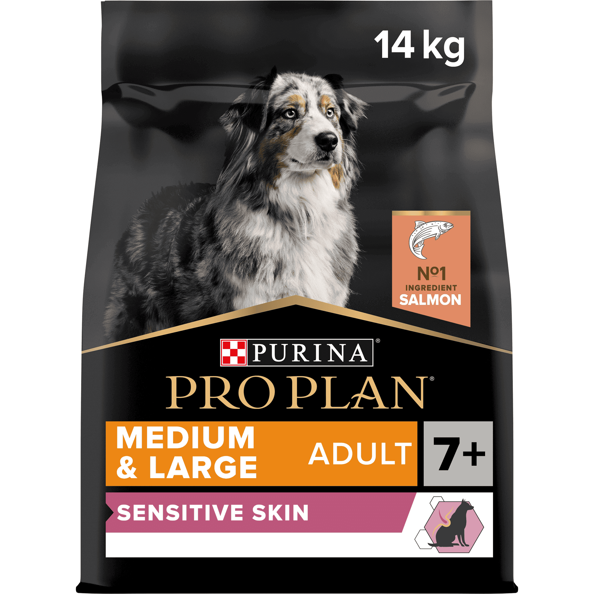 PRO PLAN SENSITIVE SKIN MEDIUM AND LARGE SENIOR 7+, DRY DOG FOOD WITH SALMON, 14 KG