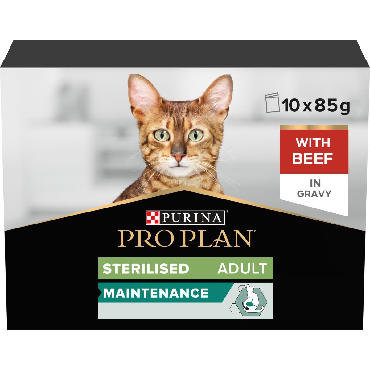 PRO PLAN STERILISED WET CAT FOOD, BEEF IN GRAVY, MULTIPACK, 10 X 85G