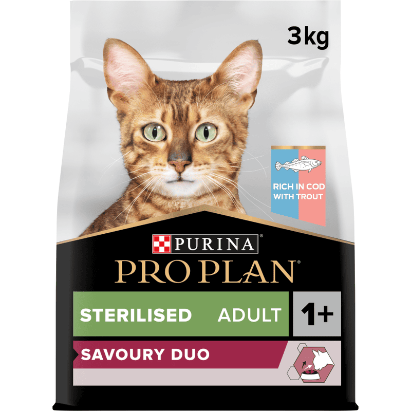 PRO PLAN STERILISED ADULT SAVORY DUO DRY CAT FOOD WITH COD AND TROUT, 3 KG