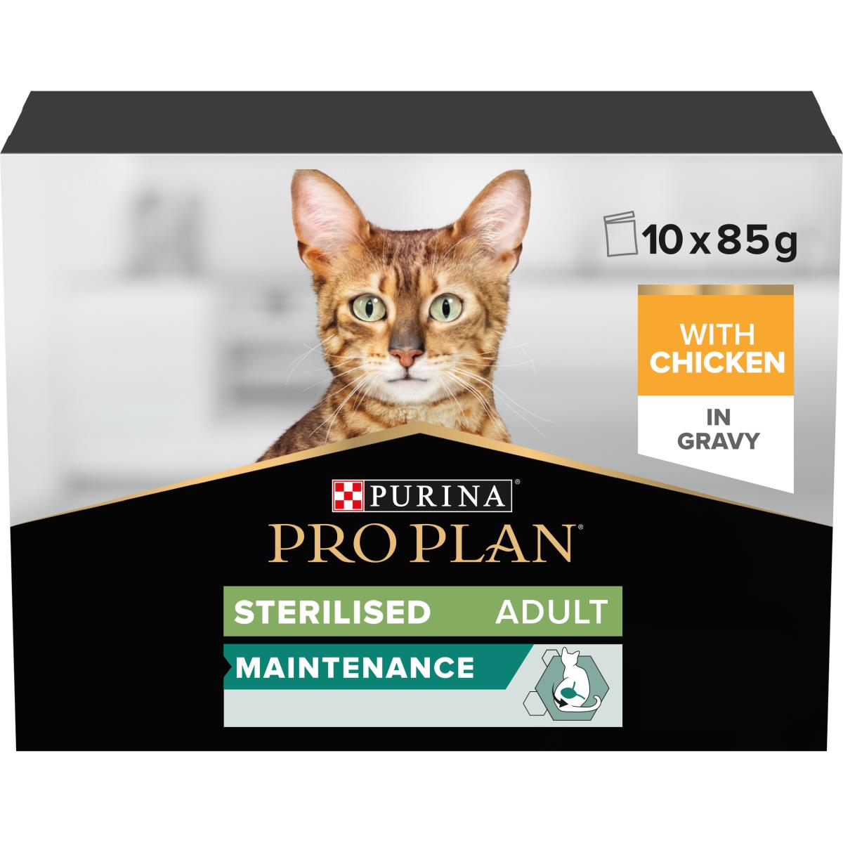 PRO PLAN STERILISED ADULT WET CAT FOOD, CHICKEN IN GRAVY, MULTIPACK, 10 X 85G