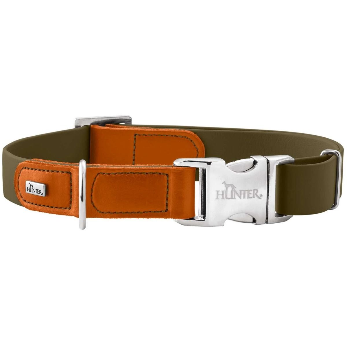 Hunter Wolmar Alu-Strong BioThane x Leather Dog Collar - Khaki-Orange Large