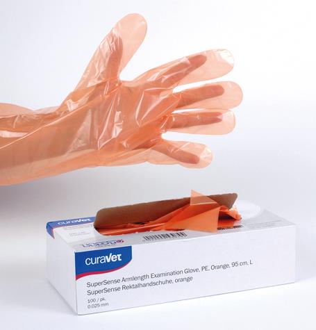 CURAVET SUPERSENSE EXAMINATION GLOVE, PE, ORANGE, 95CM,