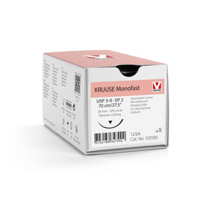 KRUUSE Monofast Suture, USP 3-0/EP 2, 70 cm/27.5", undyed, 24 mm needle, 3/8 circle, reverse cutting, 12/pk