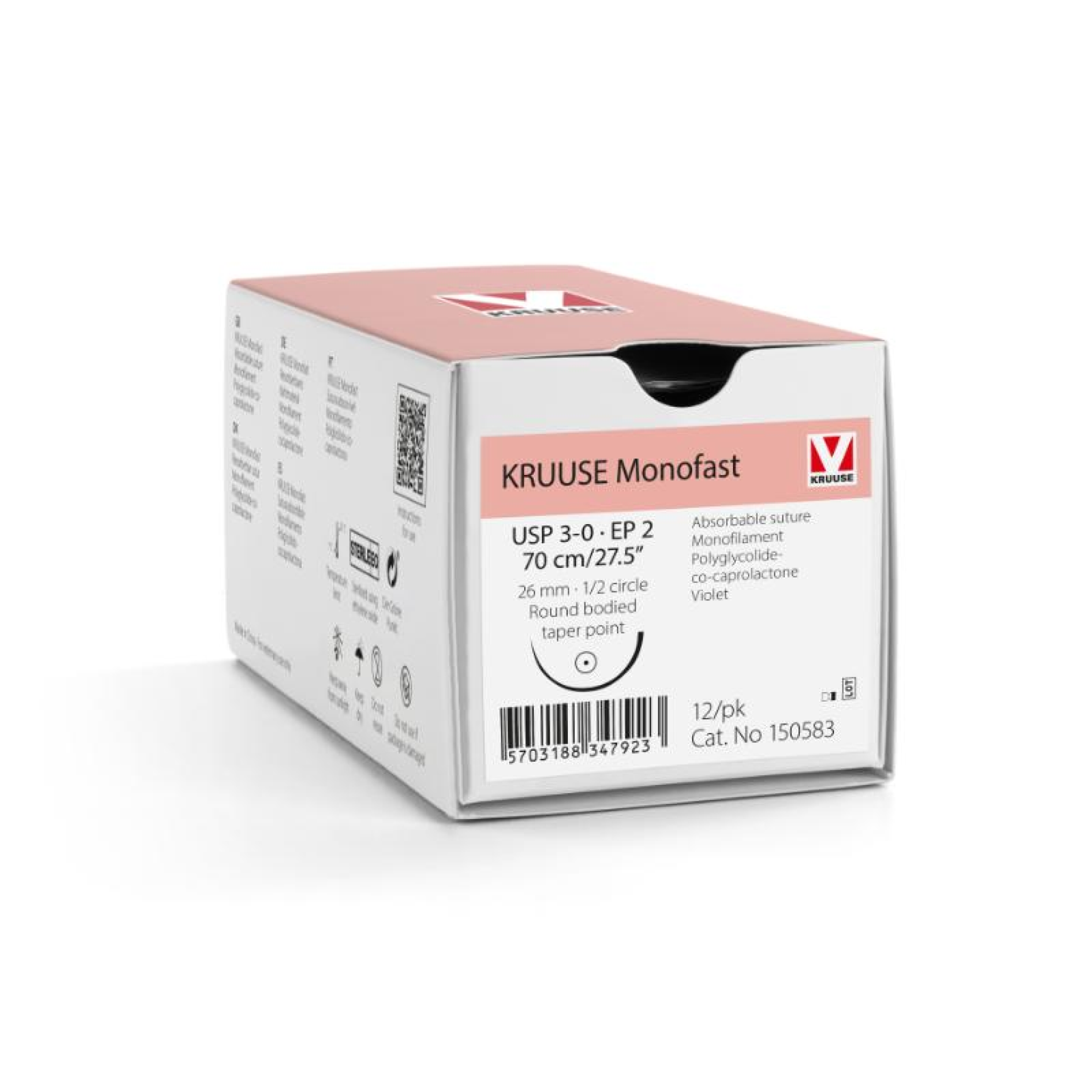 KRUUSE Monofast Suture, USP 3-0/EP 2, 70 cm/27.5", violet, 26 mm needle, 1/2 circle, round bodied, taper point, 12/pk