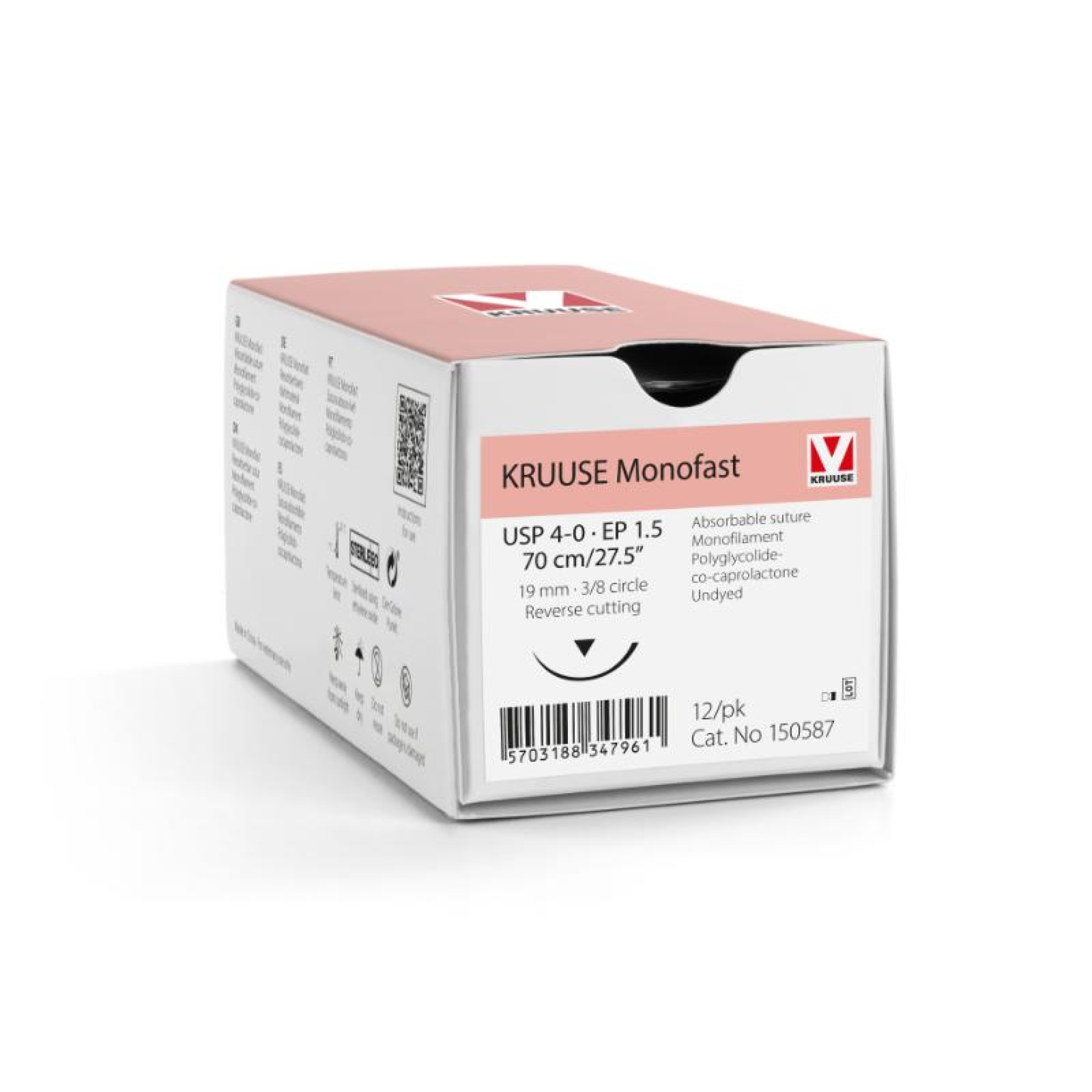 KRUUSE Monofast Suture, USP 4-0/EP 1.5, 70 cm/27.5", undyed, 19 mm needle, 3/8 circle, reverse cutting, 12/pk