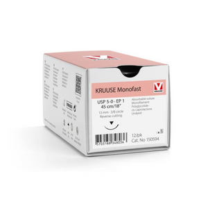 KRUUSE Monofast Suture, USP 5-0/EP 1, 45 cm/18", undyed, 13 mm needle, 3/8 circle, reverse cutting, 12/pk