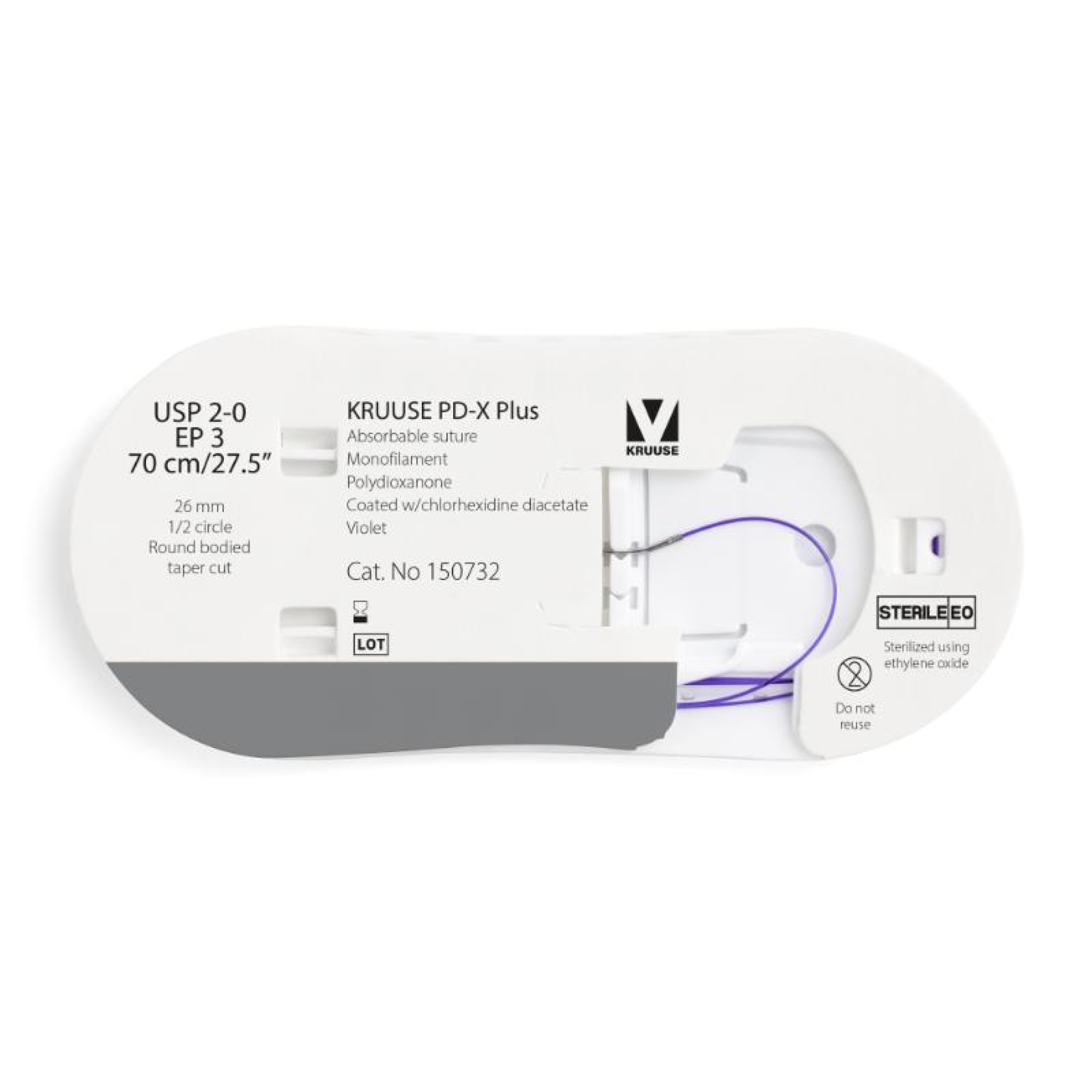 KRUUSE PD-X Plus Suture, USP 2-0/EP 3, 70 cm/27.5", violet, 26 mm needle, 1/2 circle, round bodied, taper cut, 12/pk