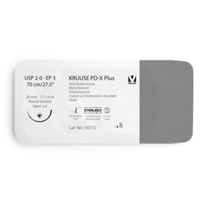 KRUUSE PD-X Plus Suture, USP 2-0/EP 3, 70 cm/27.5", violet, 26 mm needle, 1/2 circle, round bodied, taper cut, 12/pk