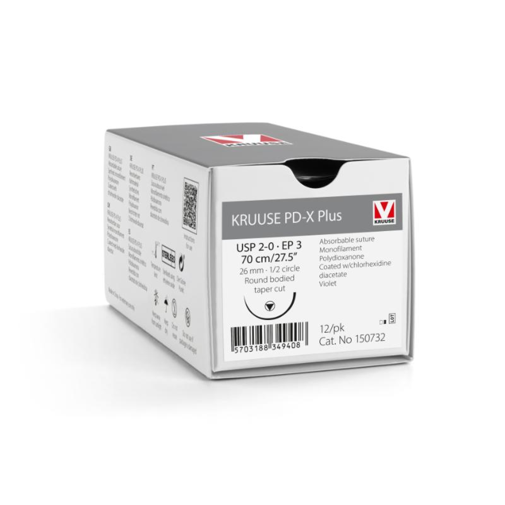KRUUSE PD-X Plus Suture, USP 2-0/EP 3, 70 cm/27.5", violet, 26 mm needle, 1/2 circle, round bodied, taper cut, 12/pk