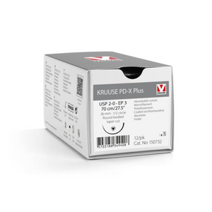 KRUUSE PD-X Plus Suture, USP 2-0/EP 3, 70 cm/27.5", violet, 26 mm needle, 1/2 circle, round bodied, taper cut, 12/pk