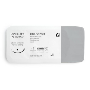 KRUUSE PD-X Suture, USP 2-0/EP 3, 70 cm/27.5", violet, 26 mm needle, 3/8 circle, reverse cutting, 12/pk