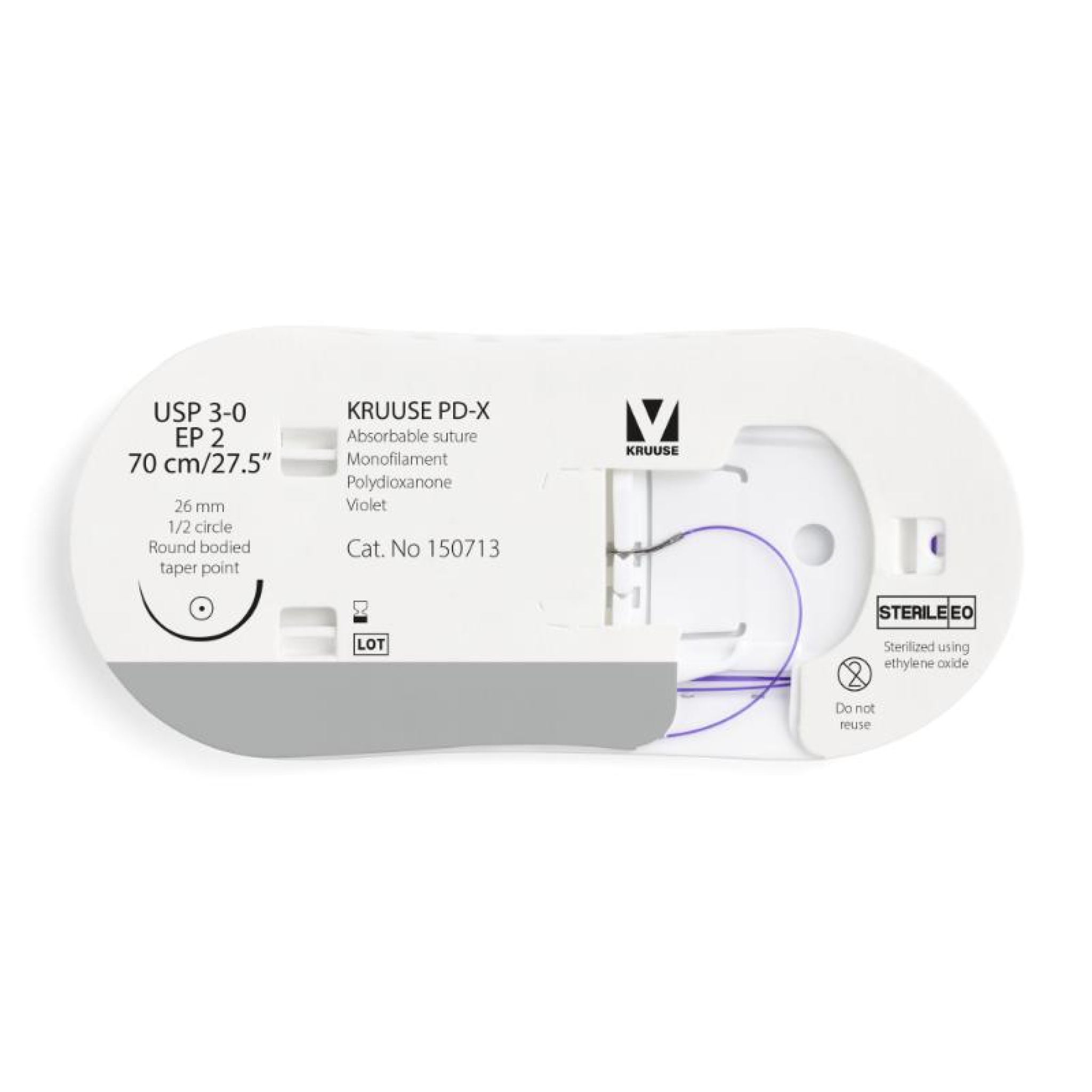 KRUUSE PD-X Suture, USP 3-0/EP 2, 70 cm/27.5", violet, 26 mm needle, 1/2 circle, round bodied, taper point, 12/pk