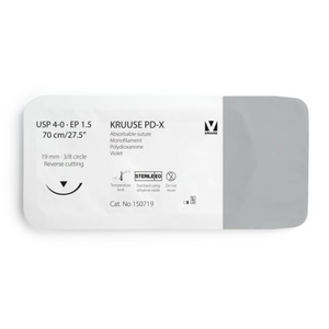 KRUUSE PD-X Suture, USP 4-0/EP 1.5, 70 cm/27.5", violet, 19 mm needle, 3/8 circle, reverse cutting, 12/pk