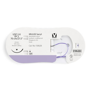 KRUUSE Sacryl Suture, USP 2-0/EP 3, 70 cm/27.5", violet, 24 mm needle, 3/8 circle, reverse cutting, 12/pk