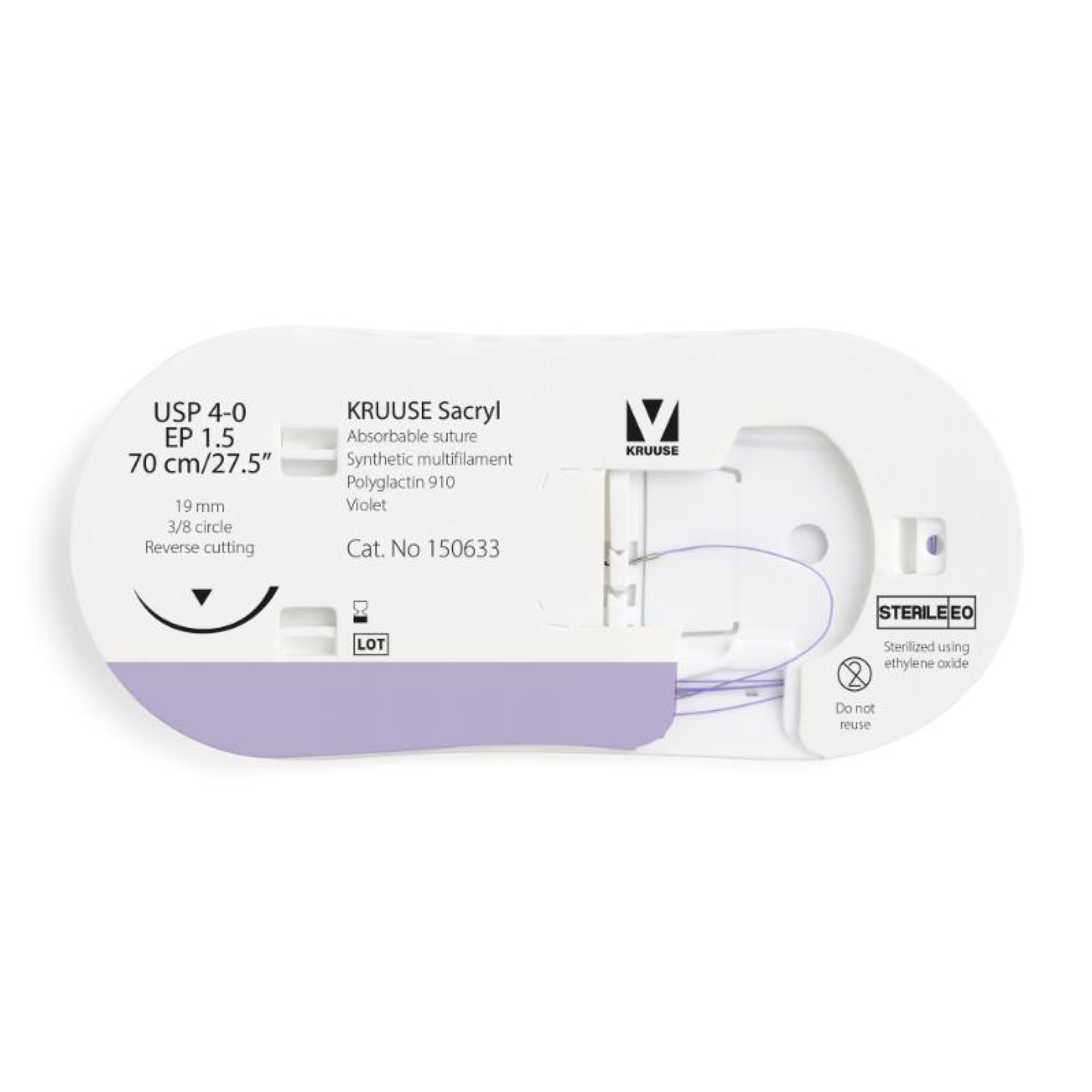 KRUUSE Sacryl Suture, USP 4-0/EP 1.5, 70 cm/27.5", violet, 19 mm needle, 3/8 circle, reverse cutting, 12/pk