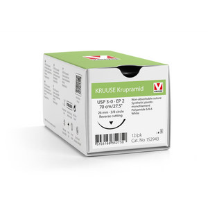 KRUUSE Krupramide Suture, USP 3-0/EP 2, 70 cm/27.5", white, 26 mm needle, 3/8 circle, reverse cutting, 12 pcs.