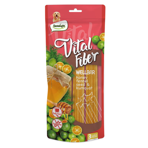 Dentalight Vital Fiber Wellbars 6" Treat For Dogs-Honey, Fennel Seed & Kumquat 250g-3pcs