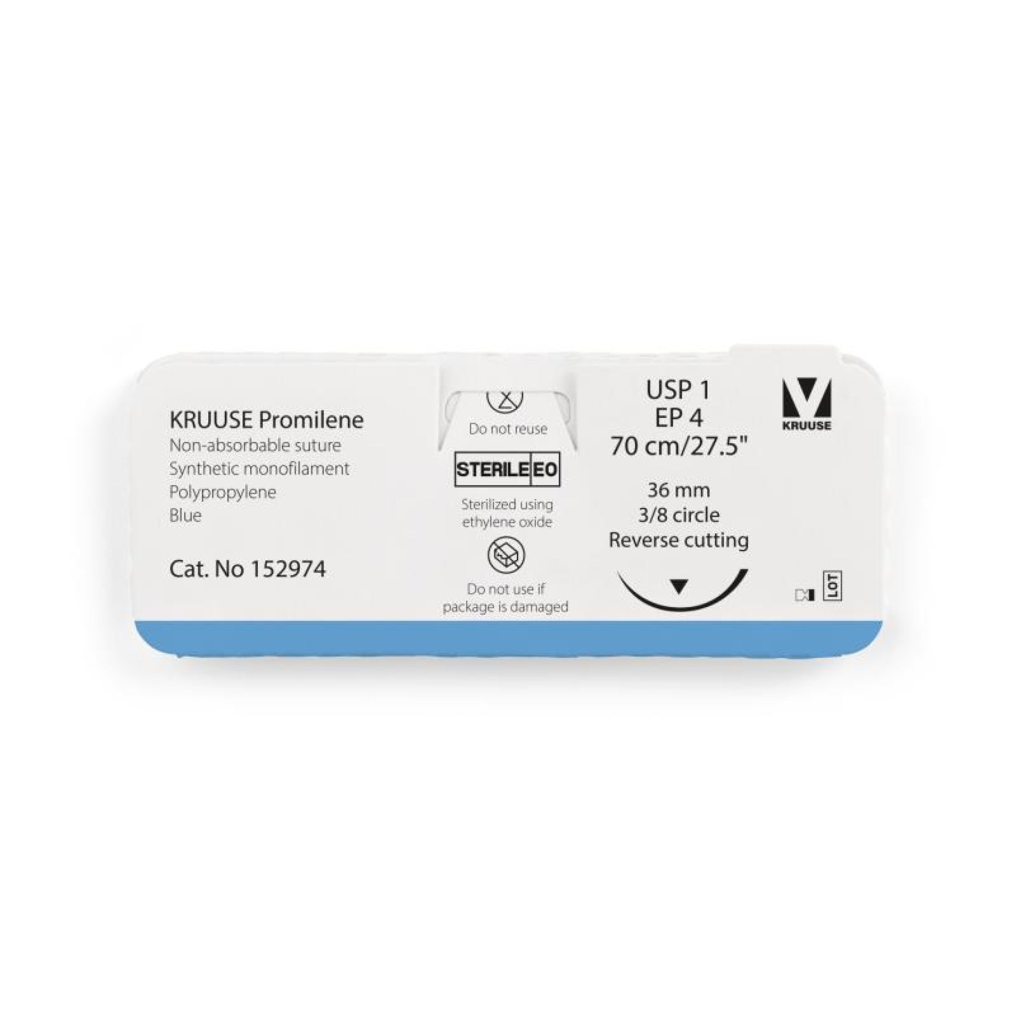 Kruuse Promilene Suture, USP 1/EP 4, 70 cm/27.5", blue, 36 mm needle, 3/8 circle, reverse cutting, 12/pk