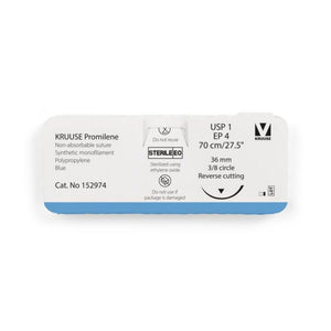 Kruuse Promilene Suture, USP 1/EP 4, 70 cm/27.5", blue, 36 mm needle, 3/8 circle, reverse cutting, 12/pk