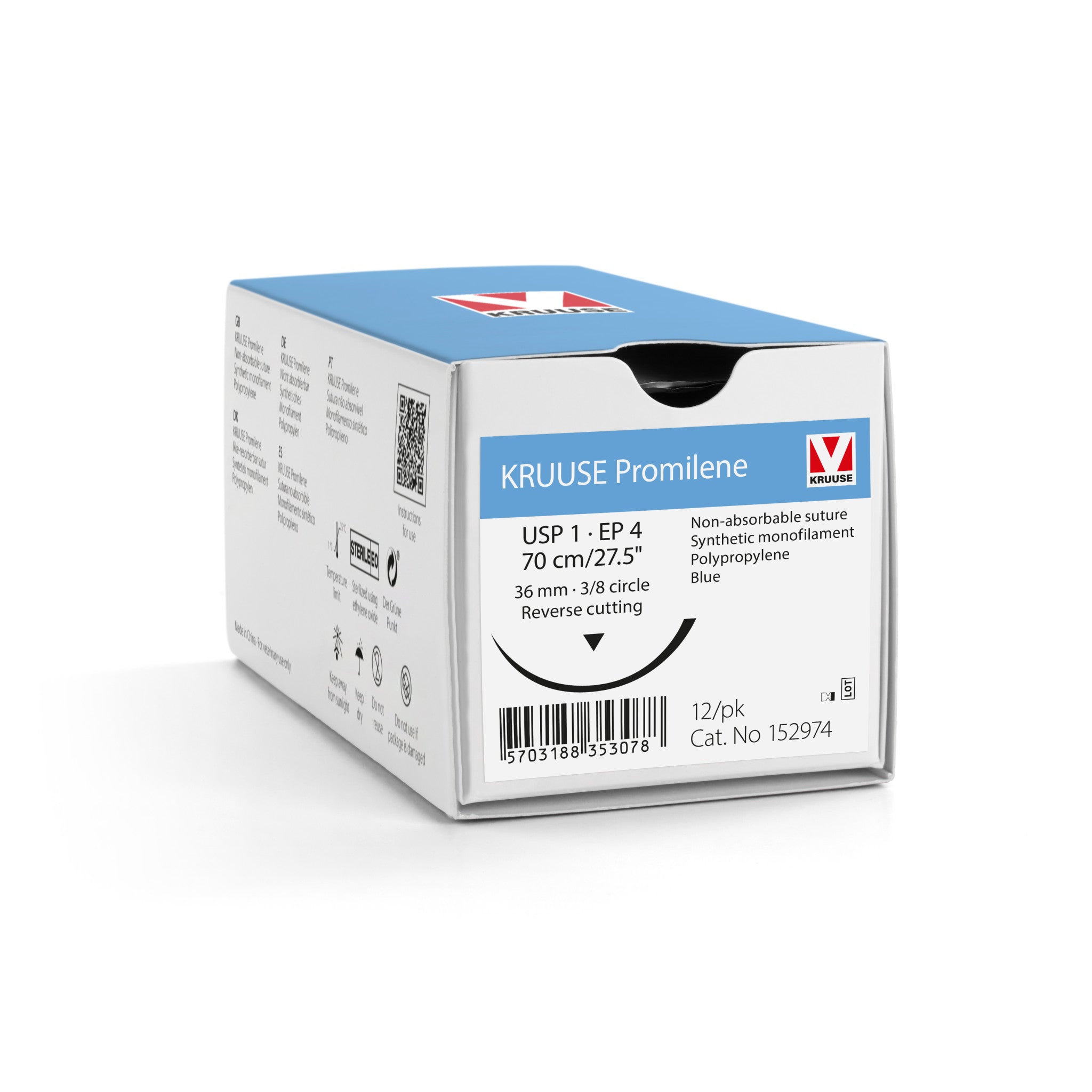 Kruuse Promilene Suture, USP 1/EP 4, 70 cm/27.5", blue, 36 mm needle, 3/8 circle, reverse cutting, 12/pk