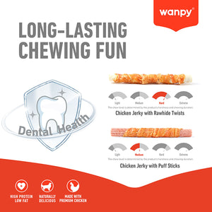 Wanpy Chewy 10″ Chicken Jerky & Rawhide Twists 70g