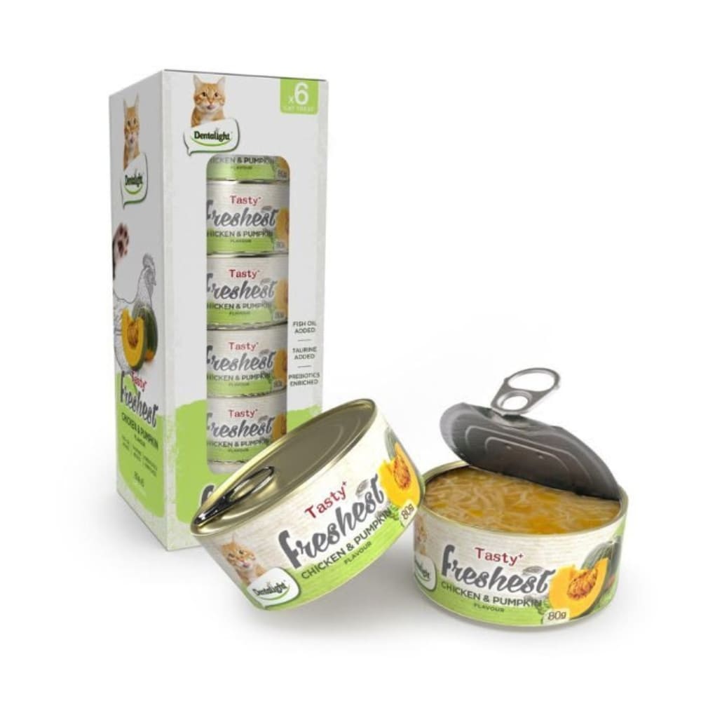 Dentalight Tasty Freshest Cat Treat in Can Chicken & Pumpkin 6x80g [Box Code:11629] - (MOQ:6pcs)
