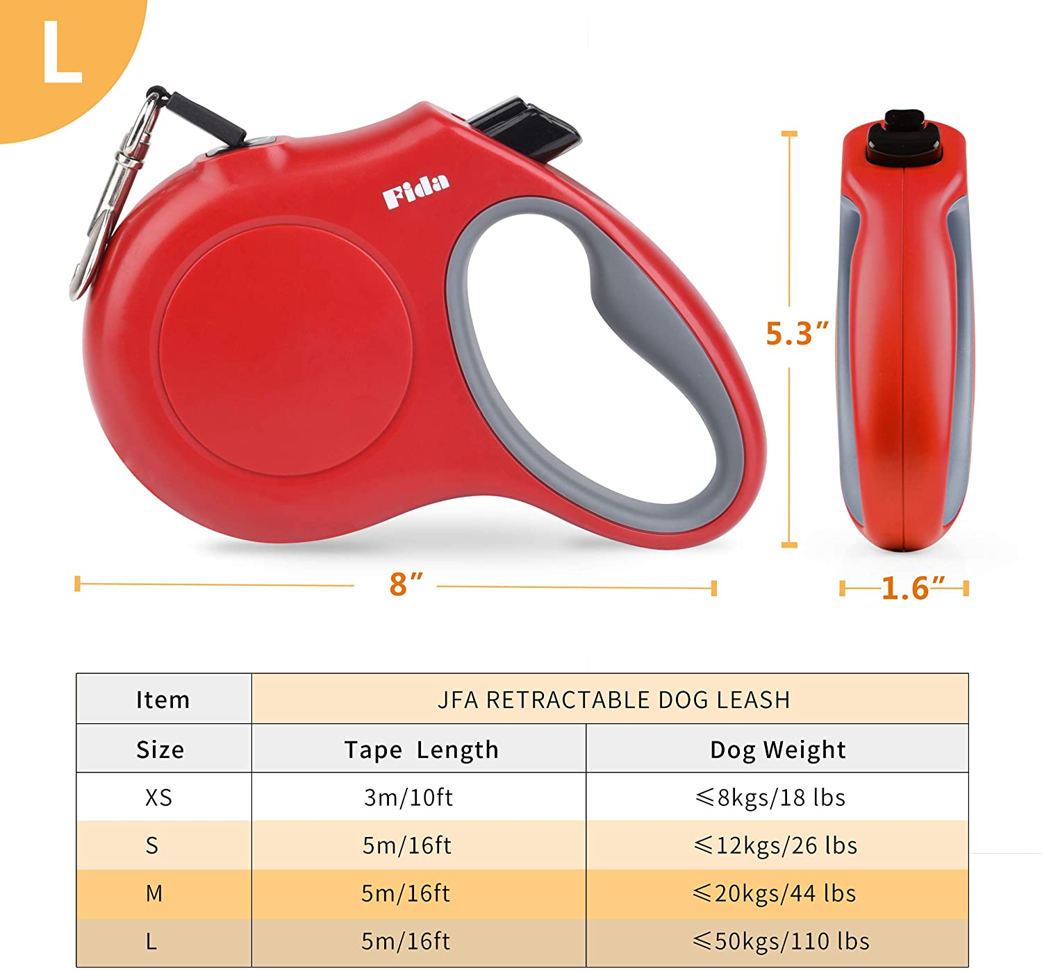 Fida Retractable Dog Leash (JFA Series) - M - red