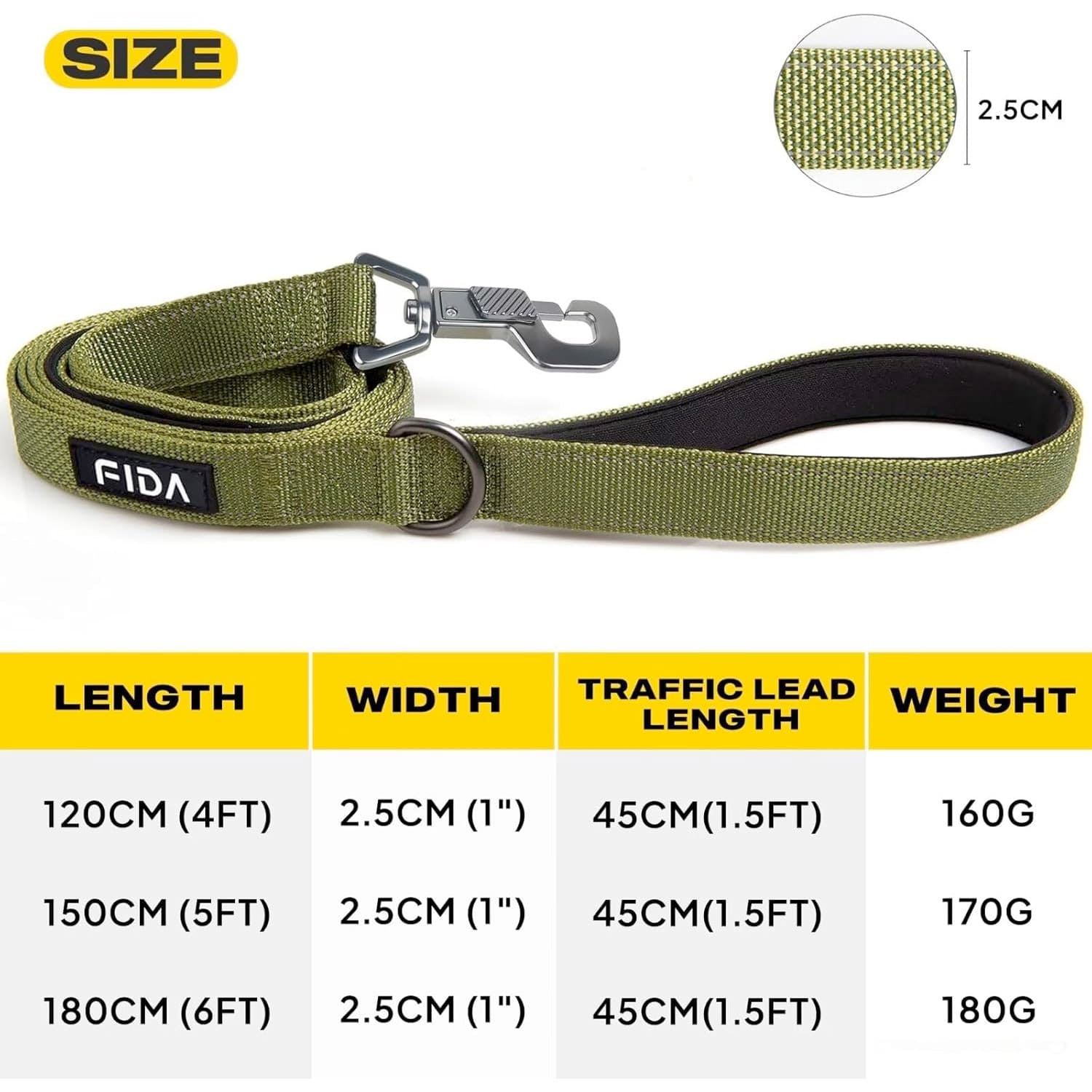 Fida Heavy Duty Dog Leash - 6ft - yellow